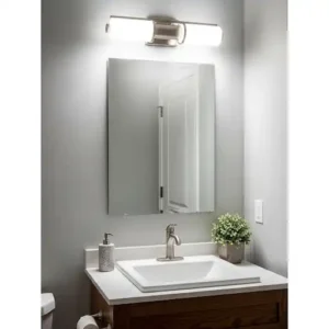 An energy-efficient LED bathroom sconce providing bright, clear light in a small powder room, perfect for task lighting. 