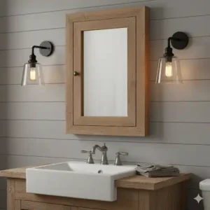A pair of rustic farmhouse-style sconces with clear glass shades, positioned on either side of a large medicine cabinet.