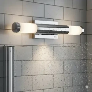 A water-resistant bathroom sconce with a chrome finish, mounted in a damp location above a shower, meeting safety regulations.