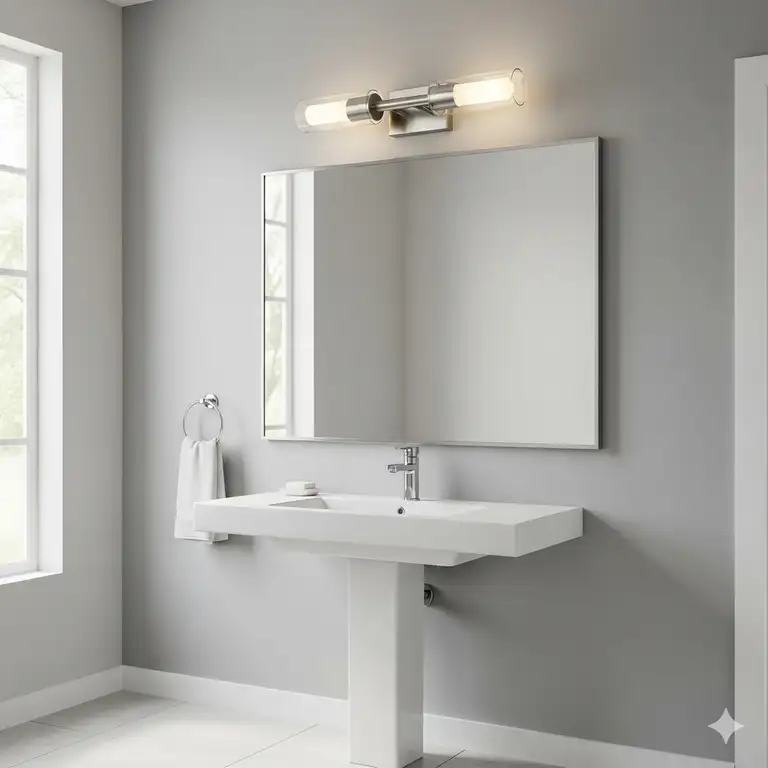 A contemporary bathroom featuring a brushed nickel vanity light fixture with frosted glass shades over a double sink.