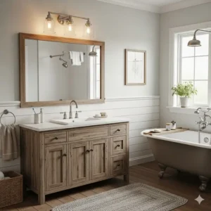 Small, elegant brushed nickel chandelier hanging in a large bathroom, offering a sophisticated lighting option.