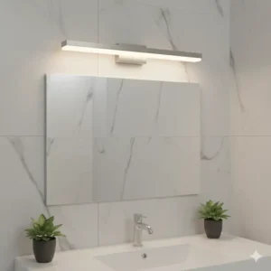 A multi-bulb brushed nickel light bar positioned above a bathroom mirror, ideal for task lighting.