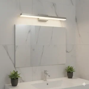 Energy-efficient LED bathroom light fixture in a sleek brushed nickel finish.