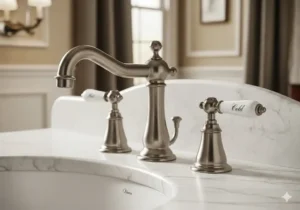 An vintage bathroom faucets in brushed nickel, featuring a widespread design with elegant porcelain lever handles, perfect for a period-style bathroom remodel.