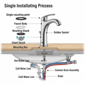 A technical drawing illustrating the standard dimensions of a single-hole bathroom faucet, including the spout height and reach, for easy measurement and fit. 