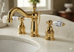  A three-hole vintage bathroom faucet with intricate porcelain lever handles and a curved spout, showcasing a timeless design for traditional vanities. 