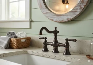  An old-fashioned single-hole bathroom sink faucet with a high-arc spout and a classic cross-handle, ideal for a pedestal sink. 