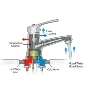 A step-by-step image showing the simple installation process for a brushed nickel single-hole bathroom faucet, with all necessary components clearly labeled. 