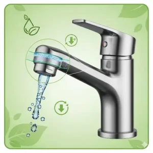 An illustration of a single-hole faucet with an aerator, emphasizing its water-saving features and eco-friendly design for residential use. 