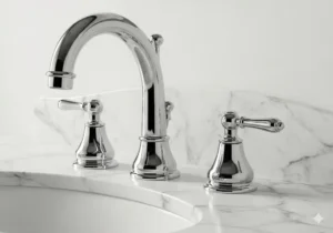 A vintage-inspired widespread faucet in polished chrome, featuring bell-shaped bases and easy-to-use lever handles, suitable for both modern and classic interiors.