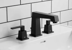 A retro-style bathroom faucet in matte black with an angular spout and matching lever handles, providing a bold and dramatic vintage look. 
