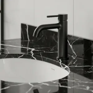 A detailed image of a luxurious gold-finish single-hole bathroom faucet, highlighting the elegant finish and a modern handle design.