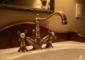 An ornate antique brass bridge faucet for a bathroom vanity, featuring a classic two-handle configuration and intricate detailing on the spout and handles.