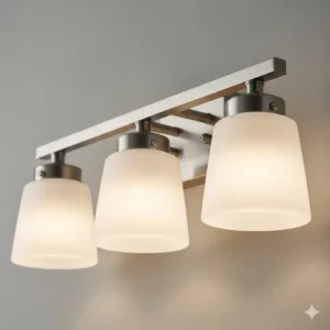 A modern three-light brushed nickel fixture mounted horizontally above a bathroom mirror, providing bright, even illumination.