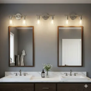 Rustic-style Bathroom Light fixtures brushed nickel wall sconce with an exposed bulb, adding a touch of industrial charm to a bathroom.