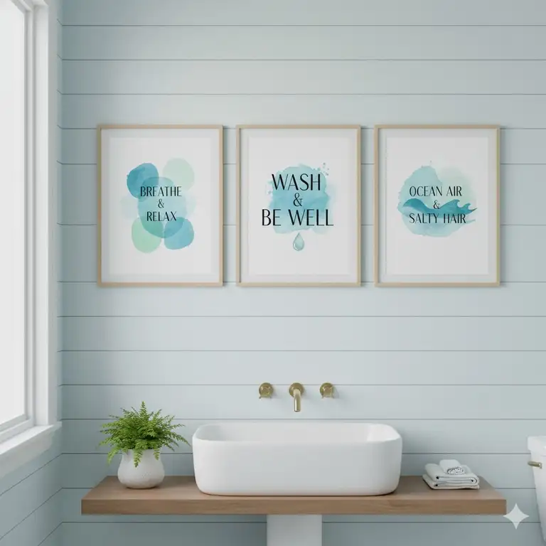 Bathroom art prints set featuring serene blue tones and minimalist typography for modern decor.