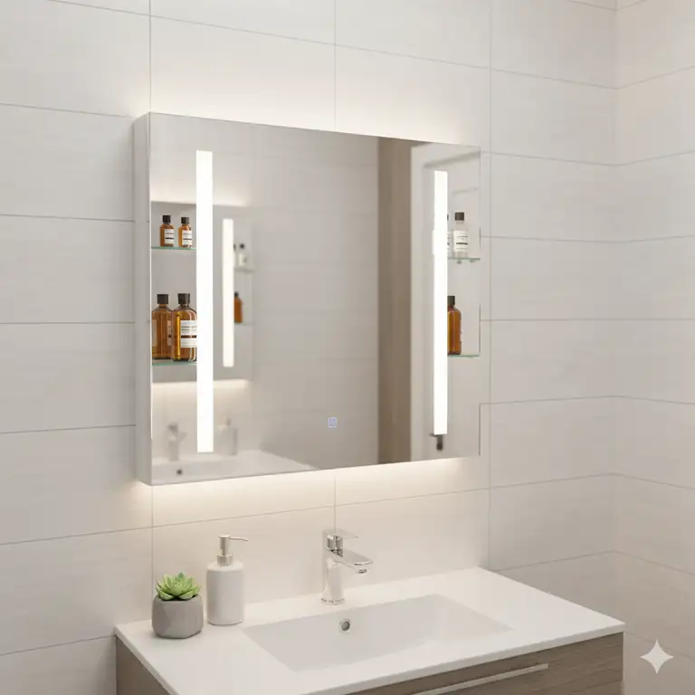 Modern recessed bathroom medicine cabinet with lights and mirror door reflecting a clean white vanity.