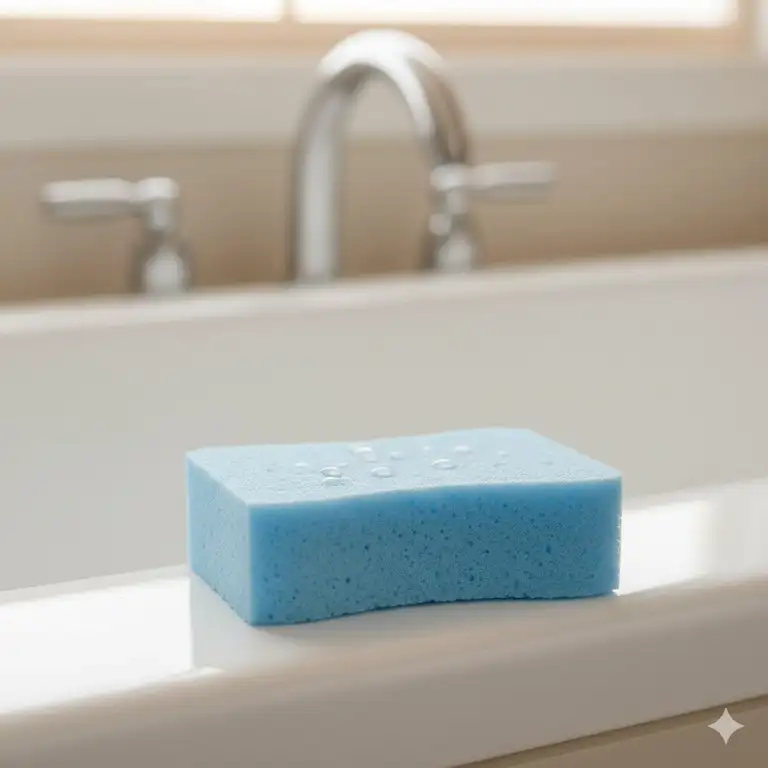 A brand new, absorbent bathroom sponge resting on the edge of a clean bathtub, ready for scrubbing.