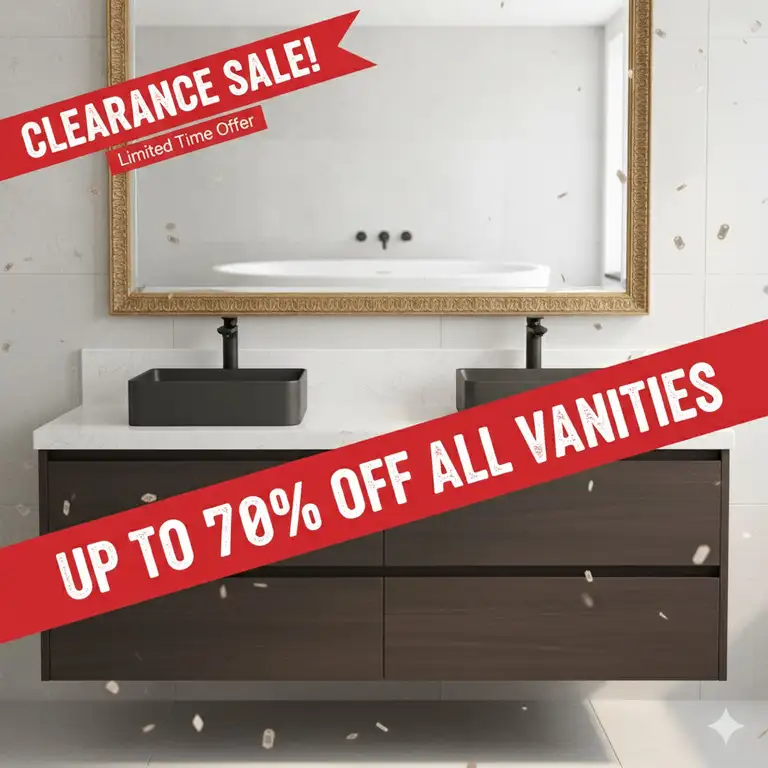Highlighting a great bathroom vanity clearance sale with a sleek, modern vanity on display.