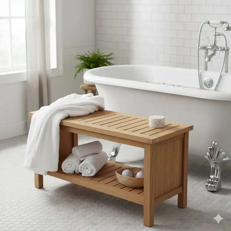 Wooden bench for bathroom with storage shelf beneath, styled next to a freestanding tub.