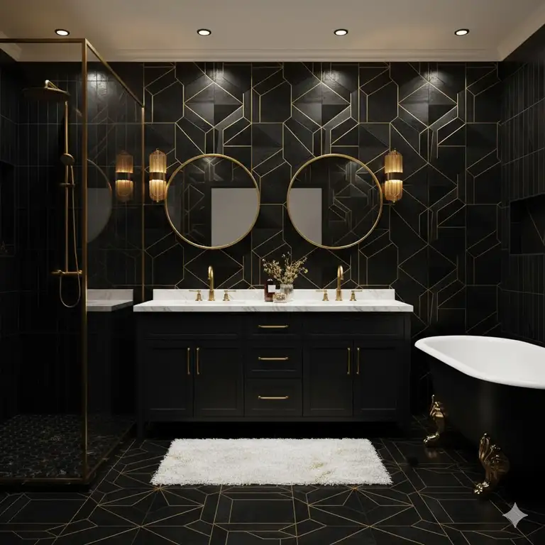 A luxurious, modern black and gold bathroom design featuring a matte black vanity, gold-finished hardware, and geometric tilework.
