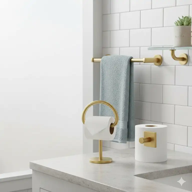 Delta bathroom accessories set featuring a towel bar, toilet paper holder, and robe hook in a modern finish.