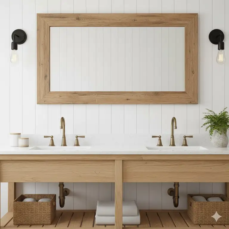 Farmhouse bathroom mirror with rustic wood frame above a double vanity and shiplap wall.