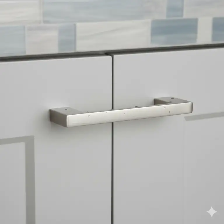 Close-up of modern brushed nickel bathroom handles for cabinets, showing their square shape and easy-grip design