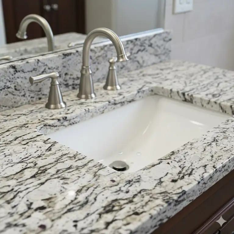 Beautiful close-up of granite bathroom vanity tops with undermount sink, showcasing the natural stone's unique patterns and durability.