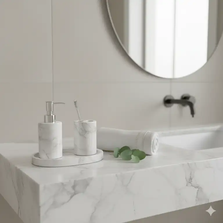 Luxurious marble bathroom accessories set, including a soap dispenser and toothbrush holder, displayed on a vanity.
