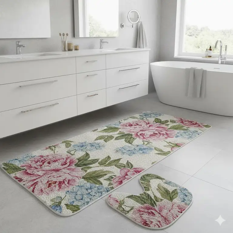 A complete set of matching plush floral bathroom rugs displayed in a modern, bright bathroom with a double vanity.
