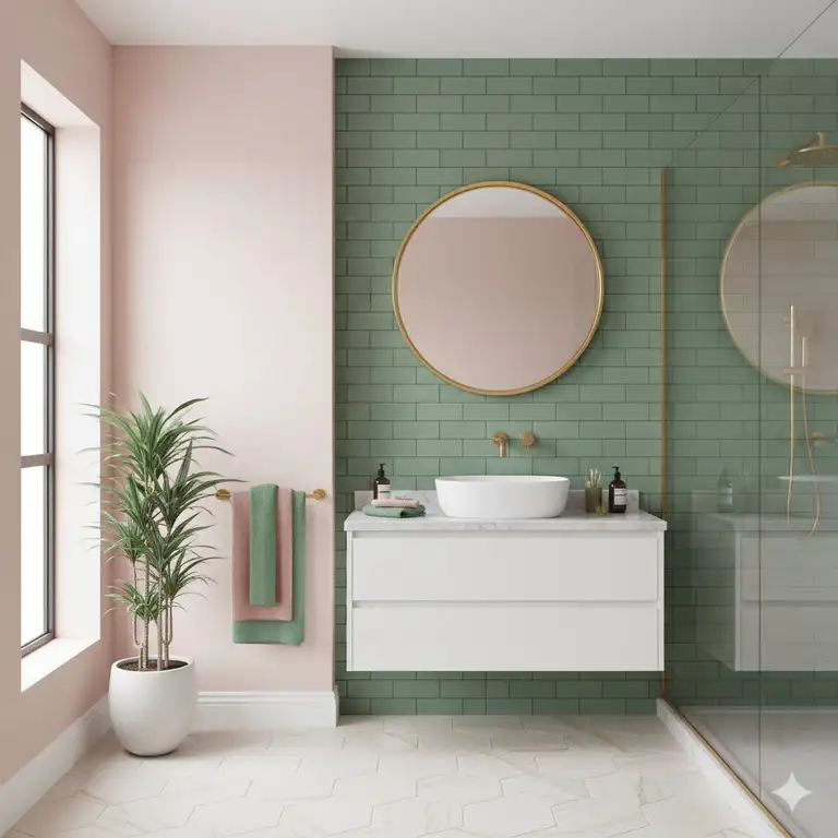 A bright, modern pink and green bathroom featuring sage green subway tiles, blush pink walls, and a gold-framed vanity mirror.