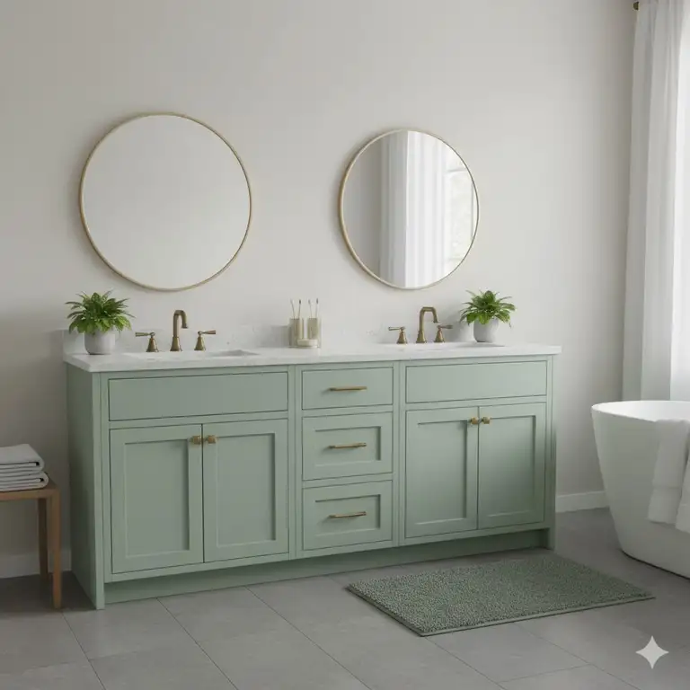 Sage green bathroom cabinets and vanity with brass hardware in a contemporary design.