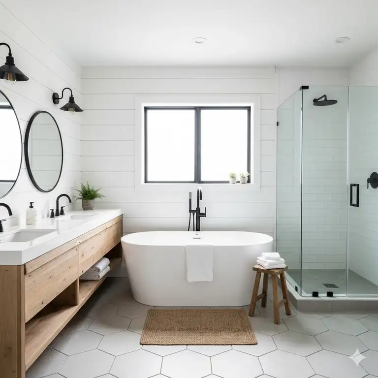 A bright, white modern farmhouse bathroom featuring shiplap walls, a freestanding tub, and a black-framed shower enclosure.
