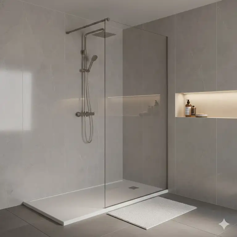 Acrylic bathroom wall panels in a modern shower enclosure, providing a sleek, grout-free, and easy-to-clean alternative to traditional tiles.