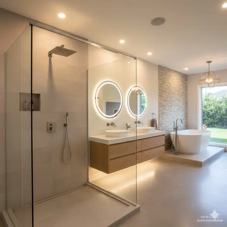 A bright, modern display at a local bathroom remodel showrooms near me, showcasing a walk-in shower and floating vanity.