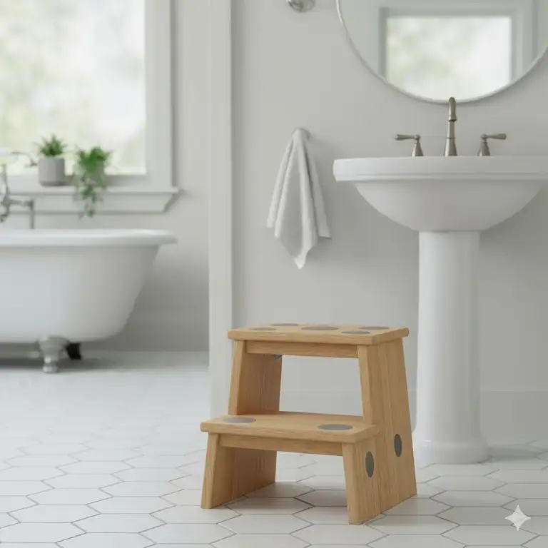 A sturdy wooden bathroom step stool perfectly sized for children or adults needing extra height at the sink.