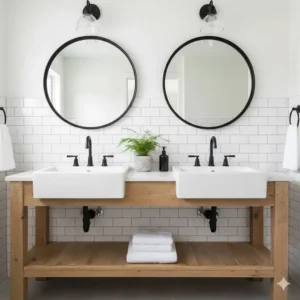 Close-up of a modern farmhouse vanity with dual sinks, white subway tile backsplash, and rustic wood accents in the white modern farmhouse bathroom.