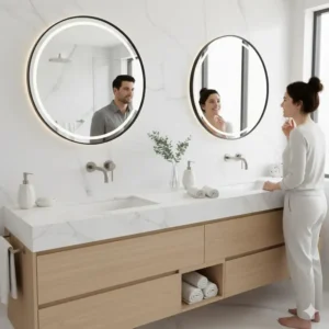 Installing a new luxury vanity with double sinks, a critical component of the best bathroom fixtures for couples.