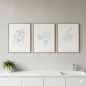 Set of three minimalist bathroom prints with simple line drawings of tropical leaves and plants. 