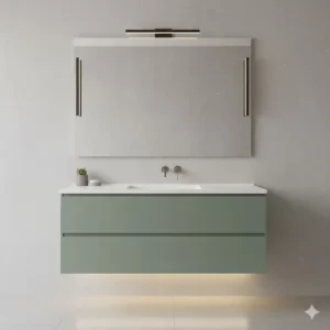 A modern bathroom featuring floating sage green bathroom cabinets with white quartz countertop. 