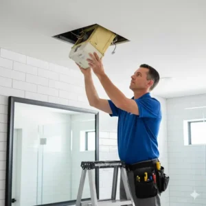 Expert technician carefully removing an old, noisy unit before beginning bathroom fan installation wilmington nc service.