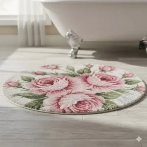 Close-up view of a soft, absorbent mat with an elegant pink rose pattern, perfect as one of your floral bathroom rugs options. 