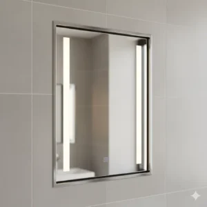 Close-up of a frameless recessed bathroom medicine cabinet with lights showing the flush wall mounting. 