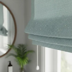 Close-up of moisture-resistant roman shades for bathroom fabric, ideal for humid environments.