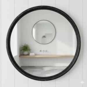 A large round farmhouse bathroom mirror with a distressed black frame, reflecting a bright, airy space. 