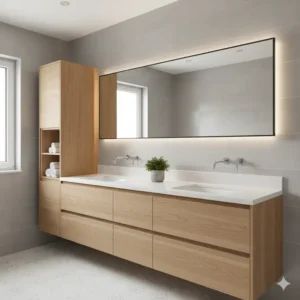 Compact bathroom cabinets light wood vanity with deep drawers, demonstrating efficient storage solutions for a small bathroom. 