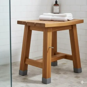 Close-up of a teak shower bench for bathroom with non-slip feet, showing the natural wood grain. 