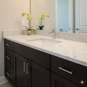 Elegant white granite bathroom vanity tops providing a bright, clean design contrast with dark wood cabinetry.