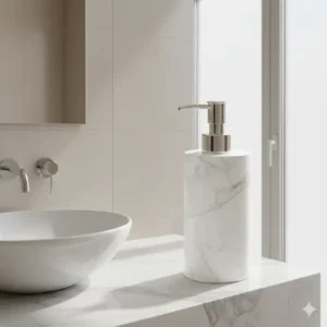 Elegant white marble bathroom accessories soap dispenser with a polished chrome pump, perfect for a contemporary bathroom.